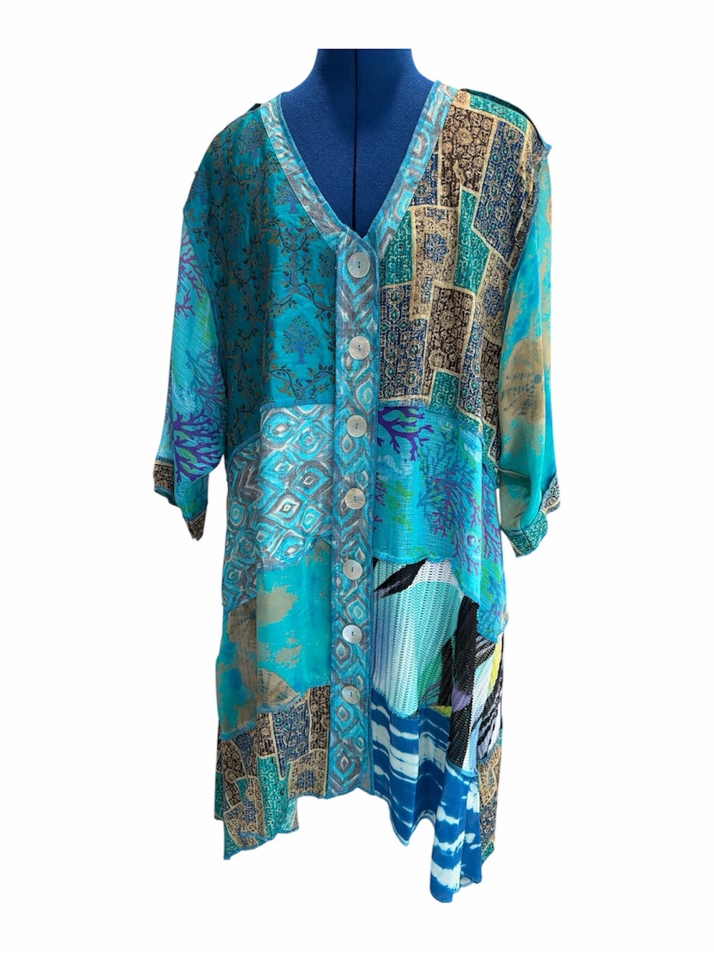 Sterling Styles Handcrafted  Patchwork Button-Front Tunic/ kimono in teal shades